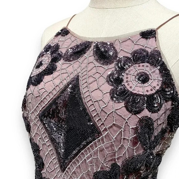 Aidan Mattox Spaghetti Strap Boat Neck Zipper Back Sequin Embellished Mesh Dress - Picture 7 of 10